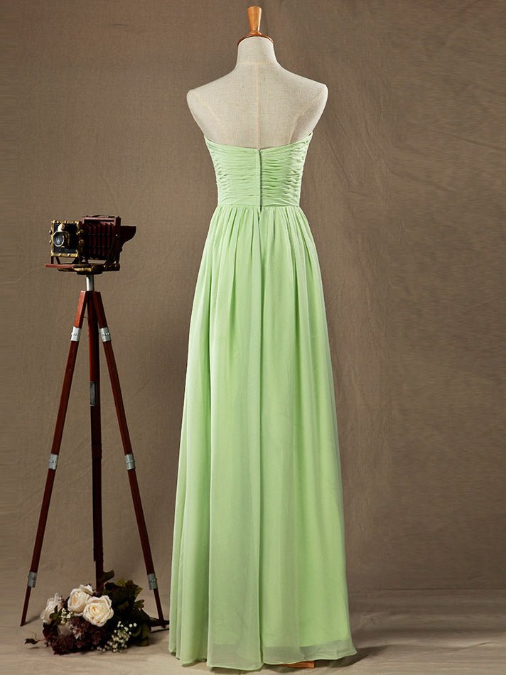 NumberSea - Sage Strapless Sweetheart Floor length Bridesmaid Dress with Criss Cross Ruching Pleats