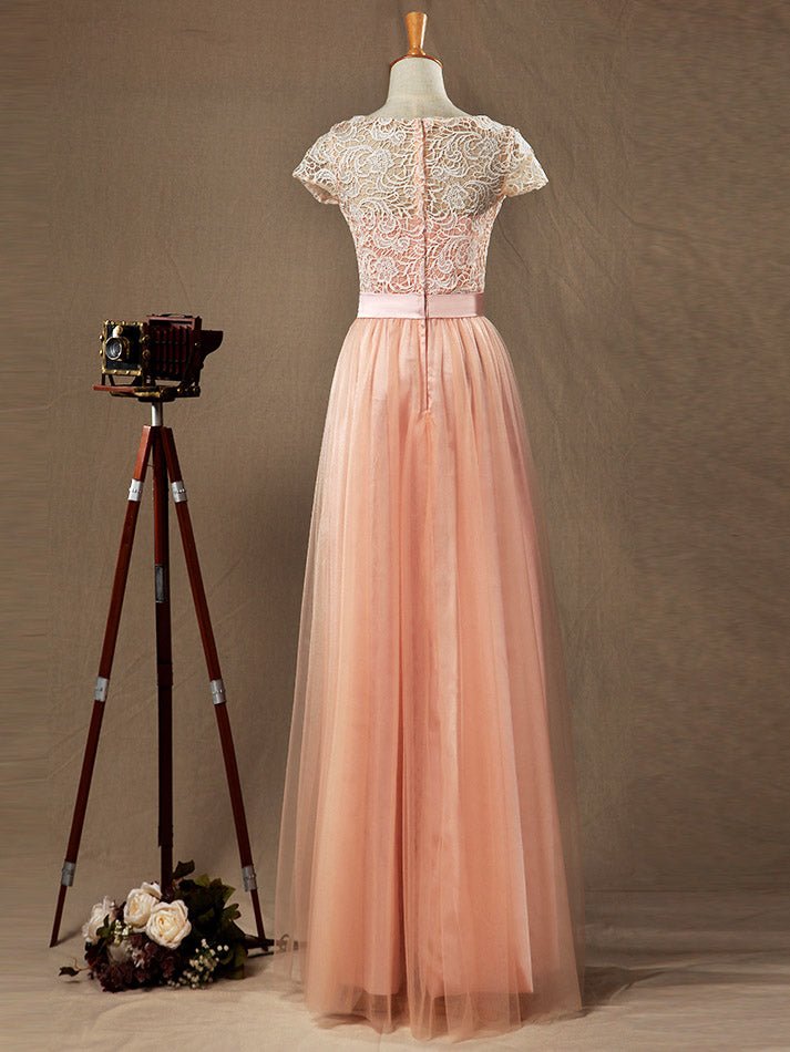 NumberSea - Numbersea Lace mix Tulle Bridesmaid Dress Jewel Neck A - line Short Sleeves Evening Dress