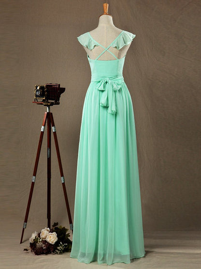 NumberSea - Numbersea Sheath Column V - neck Floor Length Chiffon Bridesmaid Dress Falbala Straps