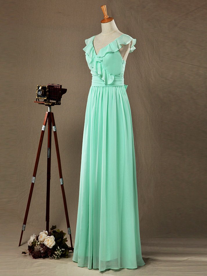 NumberSea - Numbersea Sheath Column V - neck Floor Length Chiffon Bridesmaid Dress Falbala Straps