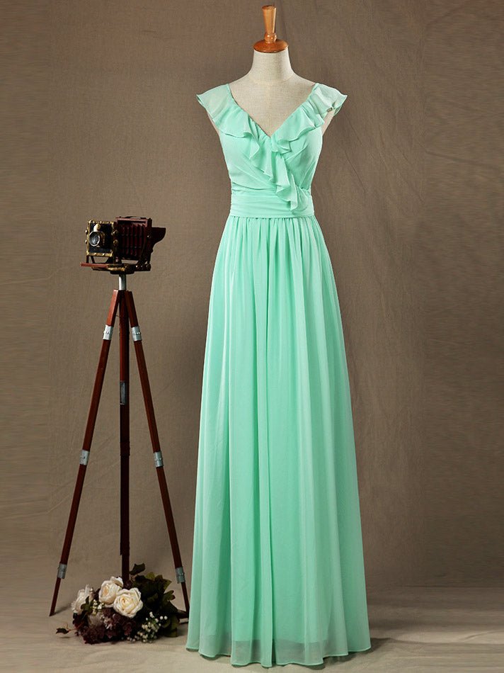 NumberSea - Numbersea Sheath Column V - neck Floor Length Chiffon Bridesmaid Dress Falbala Straps