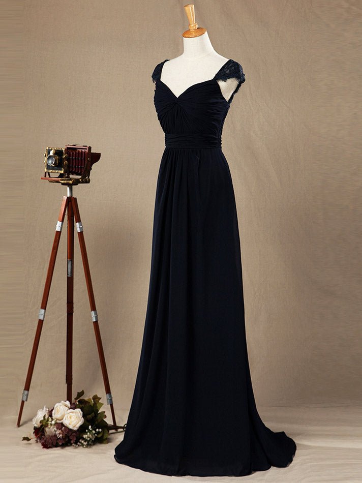 NumberSea - Numbersea Sheath Column V - neck Floor Length Chiffon Bridesmaid Dress Cap Sleeves with Criss Cross Ruching