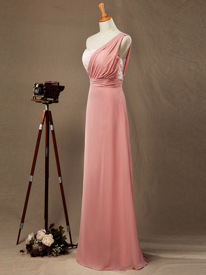 NumberSea - Numbersea Sheath Column One Shoulder Floor Length Chiffon match Lace Bridesmaid Dress