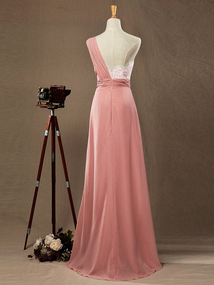 NumberSea - Numbersea Sheath Column One Shoulder Floor Length Chiffon match Lace Bridesmaid Dress