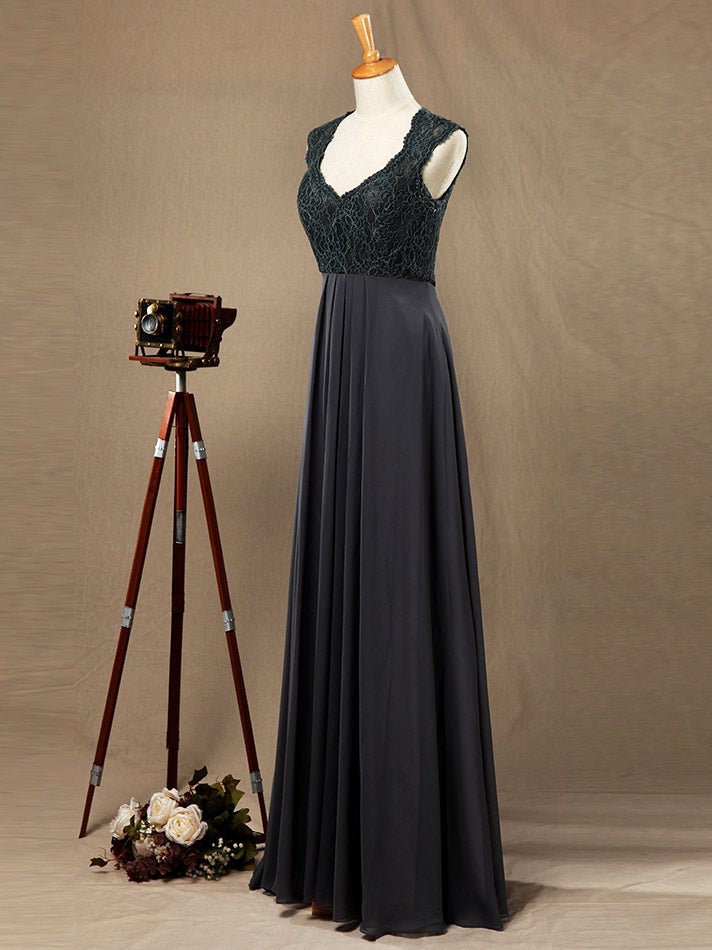 NumberSea - Numbersea Sheath / Column V - neck Floor Length Chiffon match Lace Bridesmaid Dress with Pleats