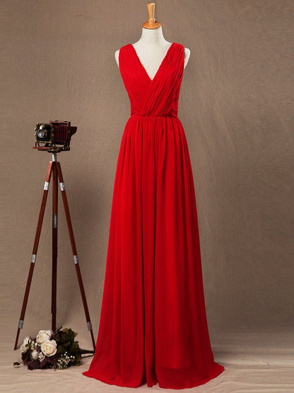 NumberSea - A - line V - neck Floor Length Chiffon Bridesmaid Dress with Criss Cross Ruching Pleats