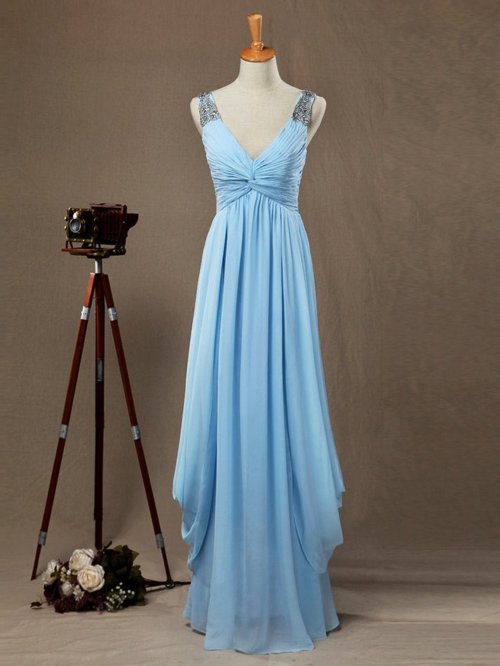 NumberSea - Numbersea Sheath / Column V - neck Floor Length Chiffon Prom Evening Dress with Side Draping Criss Cross Beading