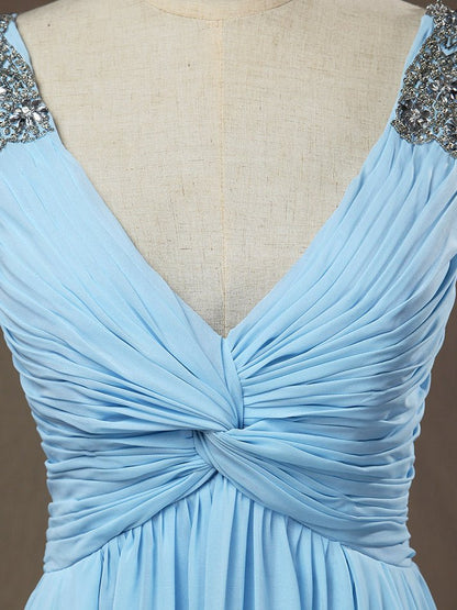 NumberSea - Numbersea Sheath / Column V - neck Floor Length Chiffon Prom Evening Dress with Side Draping Criss Cross Beading