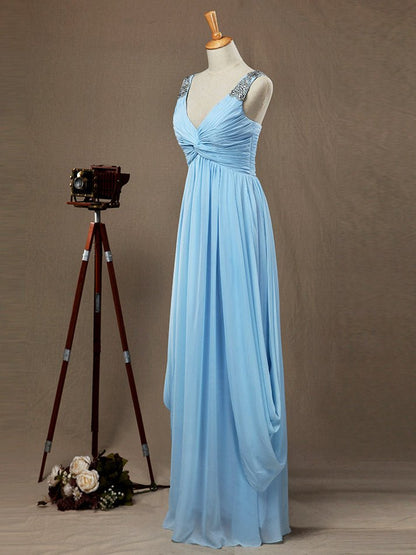 NumberSea - Numbersea Sheath / Column V - neck Floor Length Chiffon Prom Evening Dress with Side Draping Criss Cross Beading