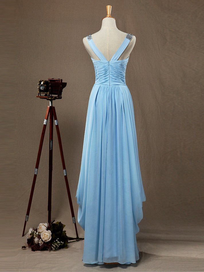 NumberSea - Numbersea Sheath / Column V - neck Floor Length Chiffon Prom Evening Dress with Side Draping Criss Cross Beading