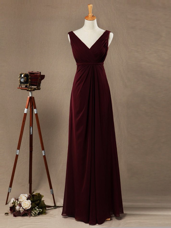 NumberSea - Numbersea Sheath Column V - neck Floor Length Chiffon Bridesmaid Dress with Criss Cross Ruching Pleats