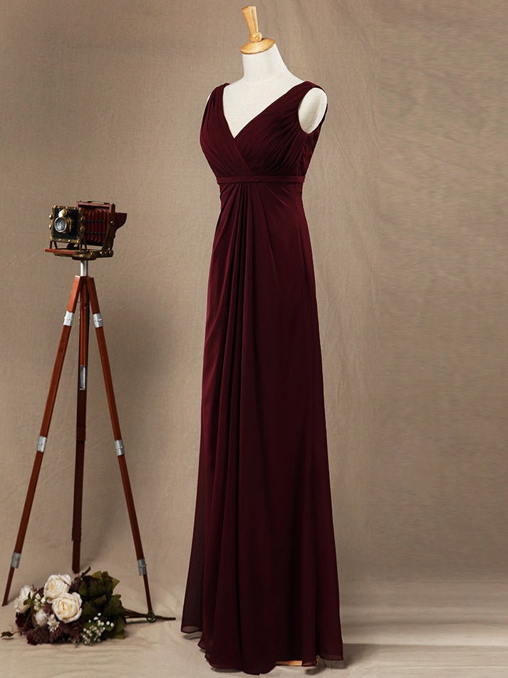 NumberSea - Numbersea Sheath Column V - neck Floor Length Chiffon Bridesmaid Dress with Criss Cross Ruching Pleats