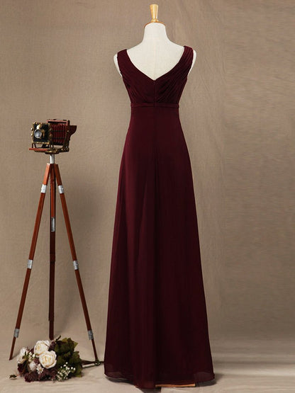 NumberSea - Numbersea Sheath Column V - neck Floor Length Chiffon Bridesmaid Dress with Criss Cross Ruching Pleats