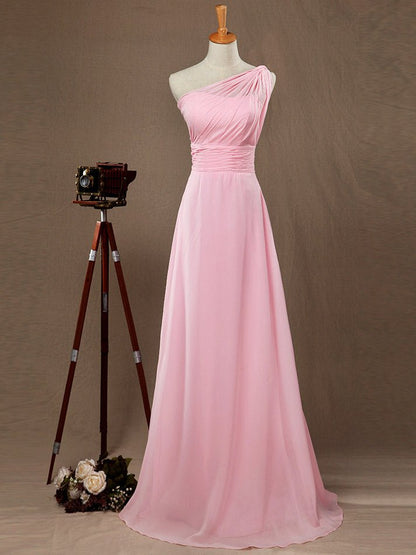 NumberSea - A - Line One Shoulder Floor Length Chiffon Bridesmaid Dress with Wide Belt and Prom Dresses