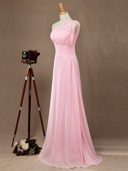 NumberSea - A - Line One Shoulder Floor Length Chiffon Bridesmaid Dress with Wide Belt and Prom Dresses