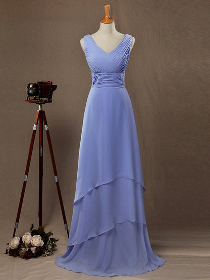 NumberSea - A - Line Princess V - neck Floor Length Chiffon Bridesmaid Dress with Criss Cross Ruching