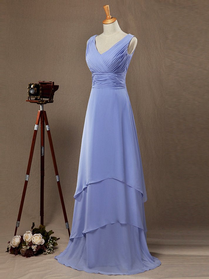 NumberSea - A - Line Princess V - neck Floor Length Chiffon Bridesmaid Dress with Criss Cross Ruching