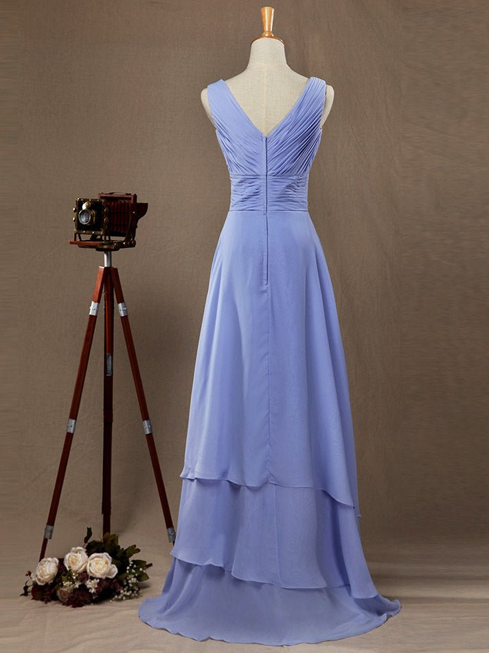 NumberSea - A - Line Princess V - neck Floor Length Chiffon Bridesmaid Dress with Criss Cross Ruching