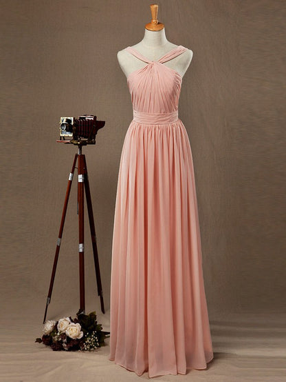 NumberSea - Chiffon Bridesmaid Dress A - Line Princess Double Straps Halter - neck Floor - length