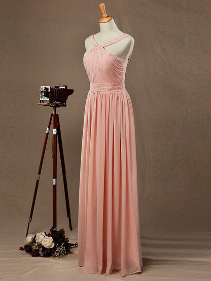 NumberSea - Chiffon Bridesmaid Dress A - Line Princess Double Straps Halter - neck Floor - length