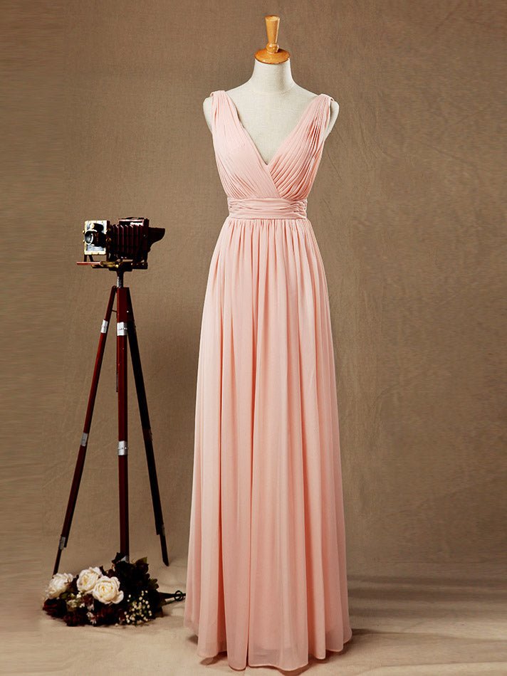 NumberSea - Chiffon Bridesmaid Dress A - Line/Princess Double Straps Deep V - neck V - back Floor - Length