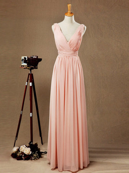 NumberSea - Chiffon Bridesmaid Dress A - Line/Princess Double Straps Deep V - neck V - back Floor - Length