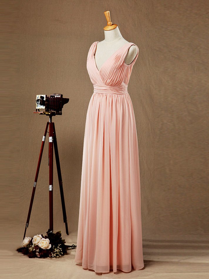 NumberSea - Chiffon Bridesmaid Dress A - Line/Princess Double Straps Deep V - neck V - back Floor - Length