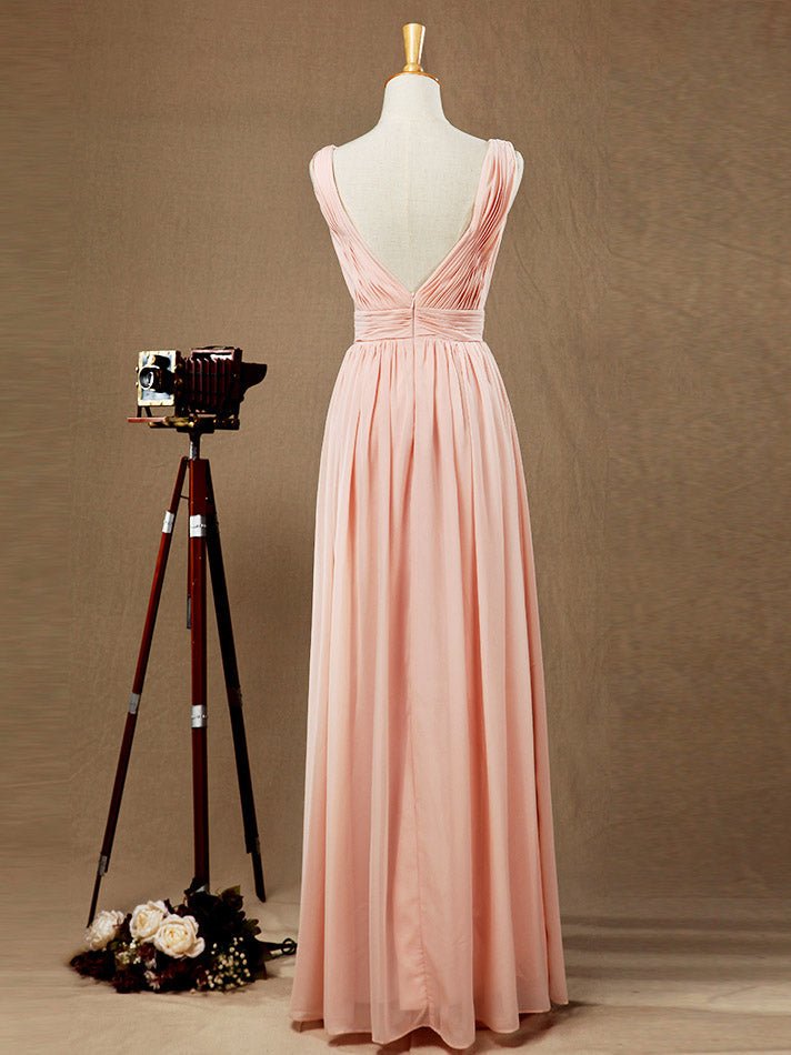 NumberSea - Chiffon Bridesmaid Dress A - Line/Princess Double Straps Deep V - neck V - back Floor - Length