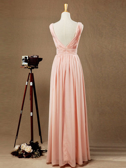 NumberSea - Chiffon Bridesmaid Dress A - Line/Princess Double Straps Deep V - neck V - back Floor - Length