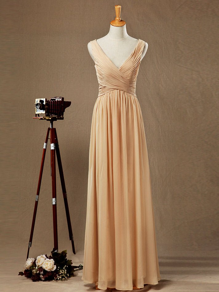 NumberSea - A - Line/Princess V - neck Floor - Length Chiffon Bridesmaid Dress with Criss Cross Ruching Pleats