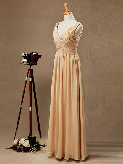 NumberSea - A - Line/Princess V - neck Floor - Length Chiffon Bridesmaid Dress with Criss Cross Ruching Pleats