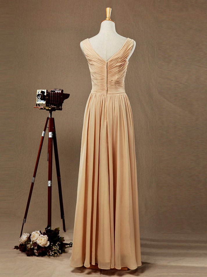 NumberSea - A - Line/Princess V - neck Floor - Length Chiffon Bridesmaid Dress with Criss Cross Ruching Pleats