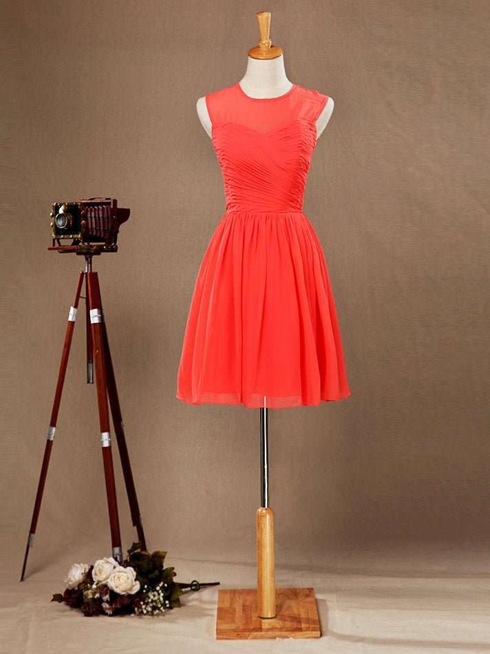 NumberSea - A - Line Coral Jewel - Neck Knee Length Chiffon Bridesmaid Dress