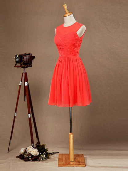 NumberSea - A - Line Coral Jewel - Neck Knee Length Chiffon Bridesmaid Dress