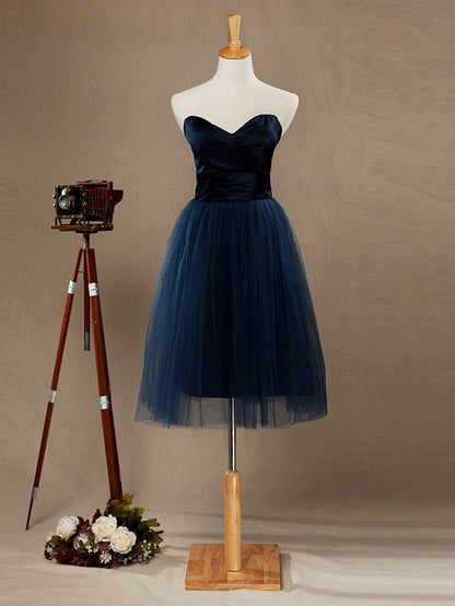 NumberSea - A - Line Strapless Sweetheart Knee Length Satin Tulle Bridesmaid Dress