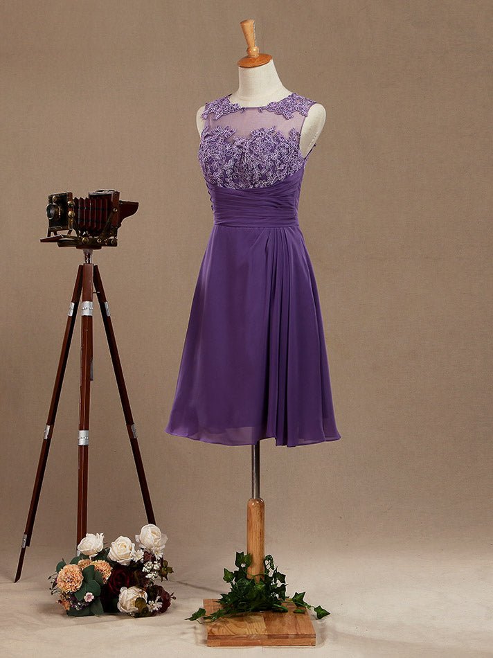 NumberSea - A - Line Knee Length Chiffon Bridesmaid Dress with Lace Jewel Neck Buttons