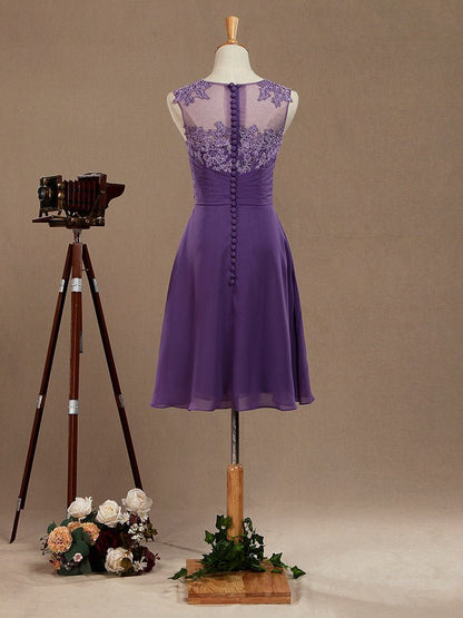 NumberSea - A - Line Knee Length Chiffon Bridesmaid Dress with Lace Jewel Neck Buttons