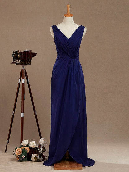 NumberSea - Chiffon Bridesmaid Dress Blue Sheath/Column V - neck V - back Double Straps Sleeveless