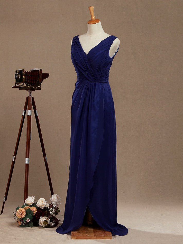 NumberSea - Chiffon Bridesmaid Dress Blue Sheath/Column V - neck V - back Double Straps Sleeveless