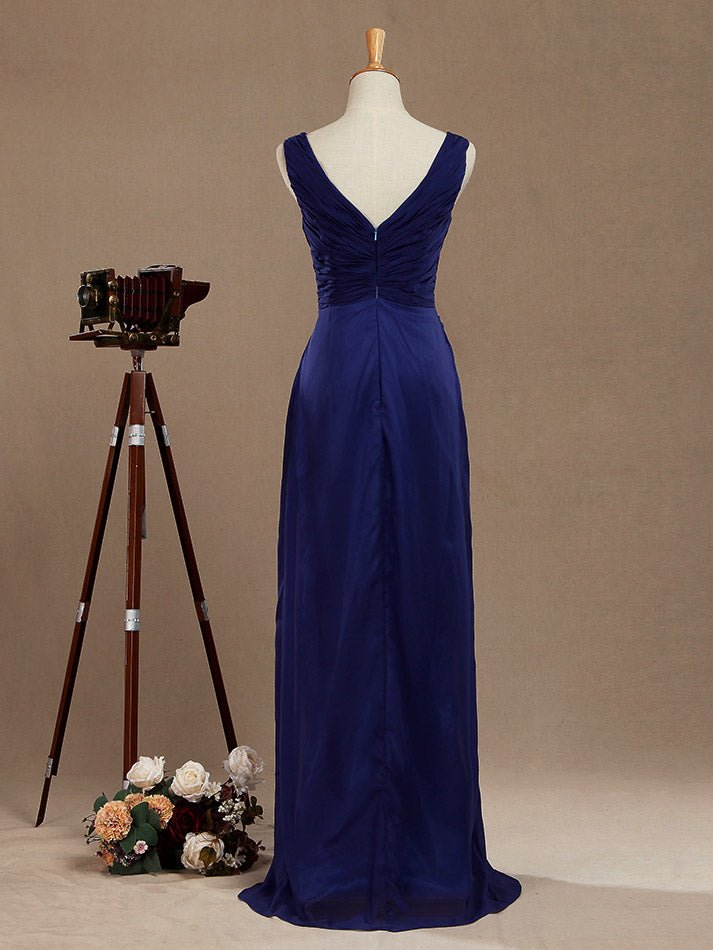 NumberSea - Chiffon Bridesmaid Dress Blue Sheath/Column V - neck V - back Double Straps Sleeveless