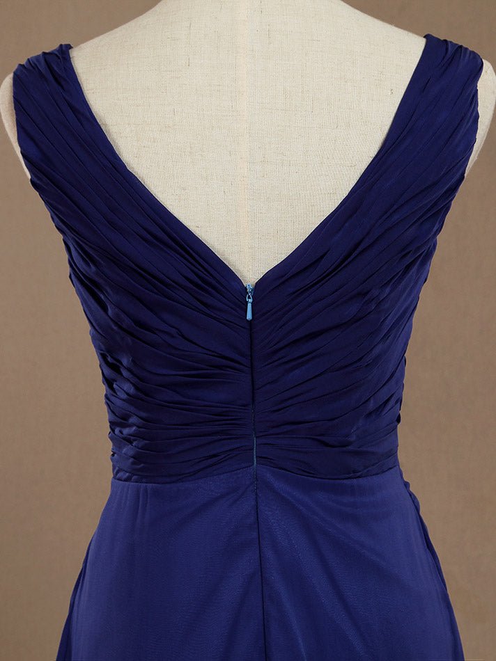 NumberSea - Chiffon Bridesmaid Dress Blue Sheath/Column V - neck V - back Double Straps Sleeveless