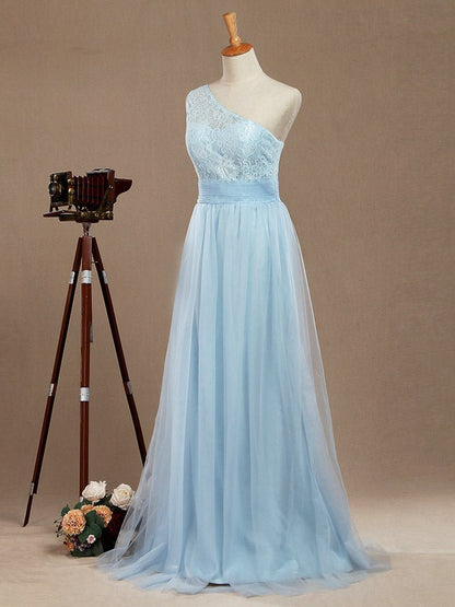 NumberSea - A - Line One Shoulder Floor Length Chiffon Lace Bridesmaid Dress with Pleats