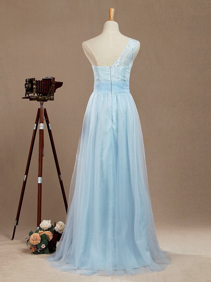 NumberSea - A - Line One Shoulder Floor Length Chiffon Lace Bridesmaid Dress with Pleats