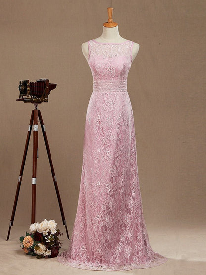 NumberSea - Numbersea Sheath / Column Bateau Neck Floor Length Lace Bridesmaid Dress Open Back