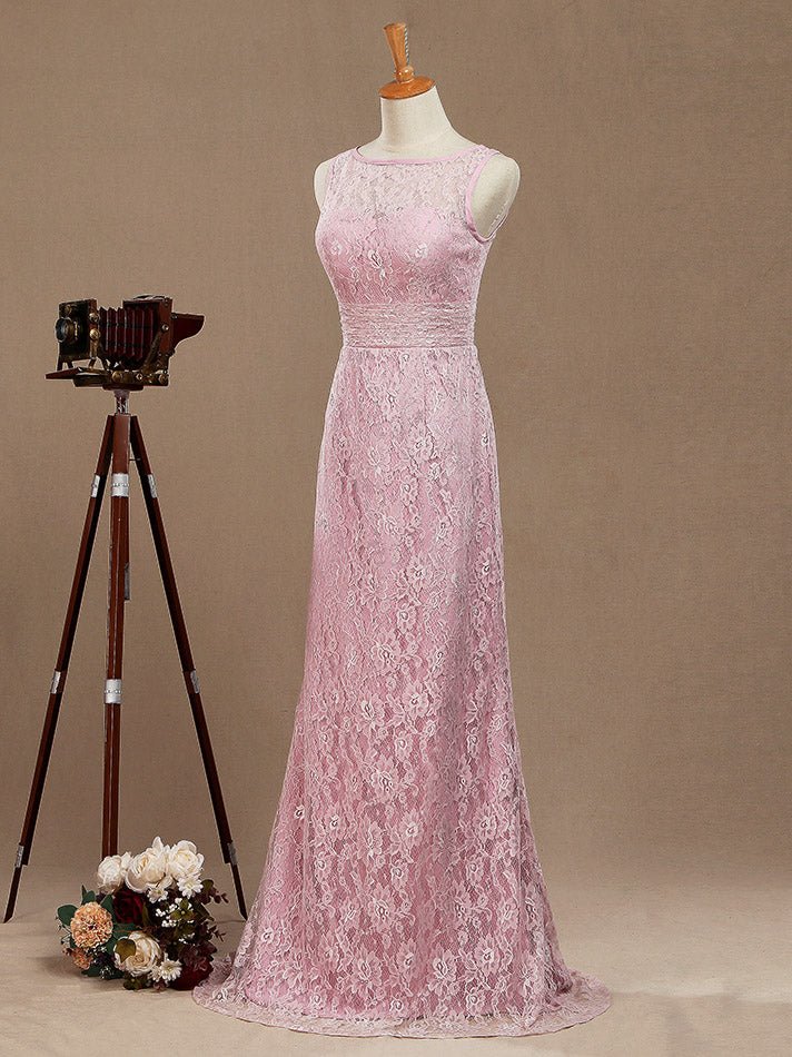 NumberSea - Numbersea Sheath / Column Bateau Neck Floor Length Lace Bridesmaid Dress Open Back