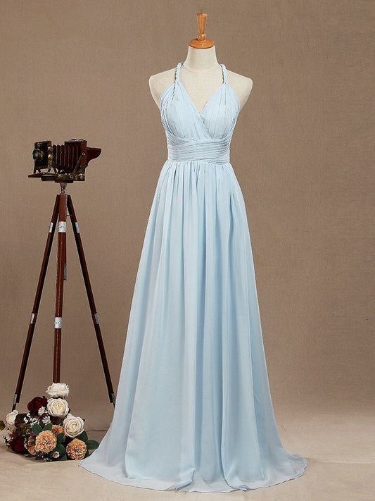 NumberSea - A - Line V - neck Halter Chiffon Floor Length Prom Formal Party Evening Dress Sexy Open Back