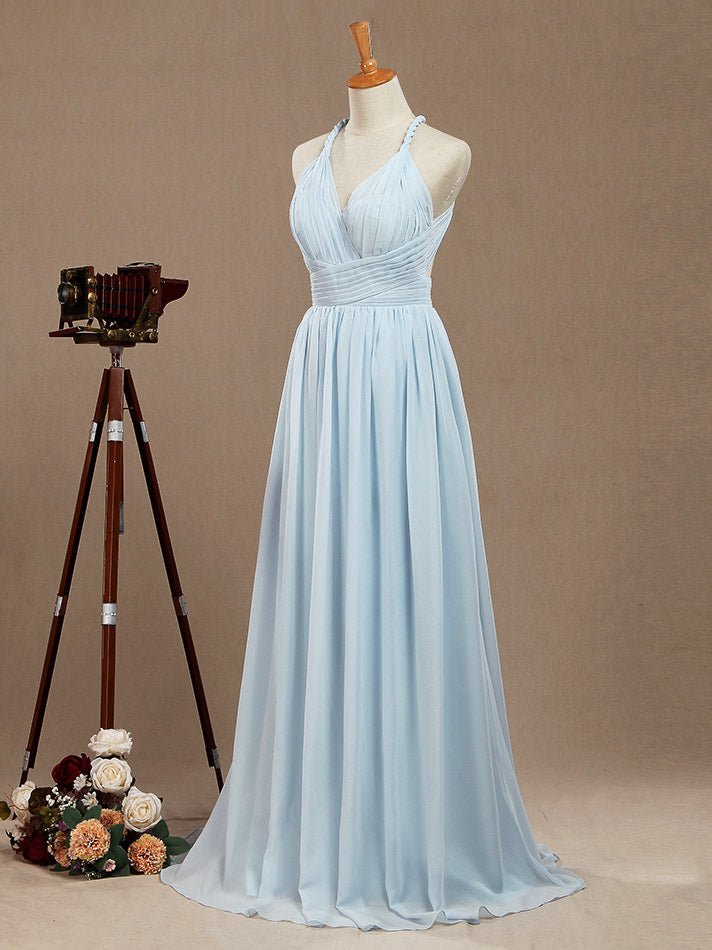 NumberSea - A - Line V - neck Halter Chiffon Floor Length Prom Formal Party Evening Dress Sexy Open Back