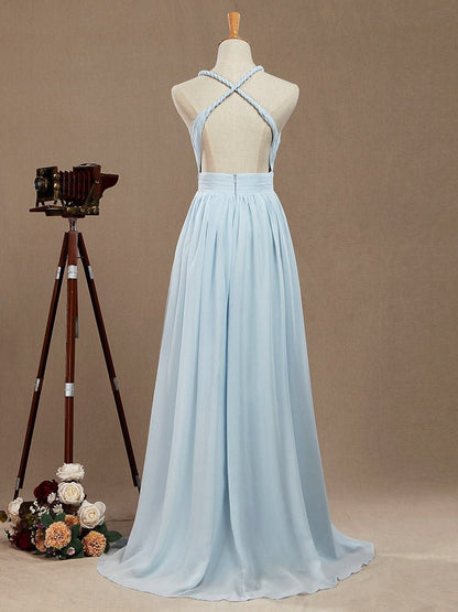 NumberSea - A - Line V - neck Halter Chiffon Floor Length Prom Formal Party Evening Dress Sexy Open Back