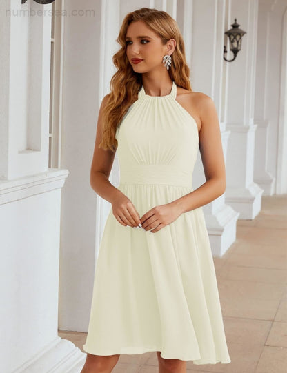 Numbersea Halter Chiffon Bridesmaid Dresses Short Sleeveless Formal Party Dress Open Back SEA28023 - numbersea