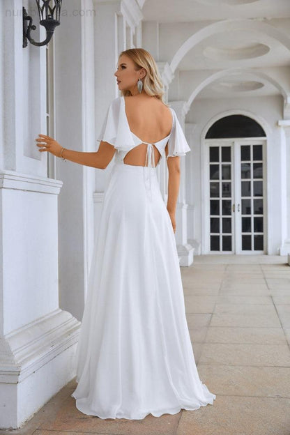 Ladies Chiffon Ruffle Sleeve Front Slit Bridesmaid Evening Dress Prom Wedding Party Evening Dress 28115-numbersea